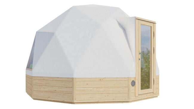Side view of Viking Industrier Glamping Dome 10m with a white canvas cover and wooden base, on a transparent background.