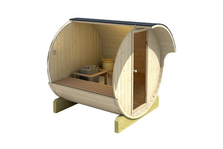 Cutaway view of the InMedias Barrel Sauna 220 showing the wooden interior with benches, a heater, and soft lighting on a white background.