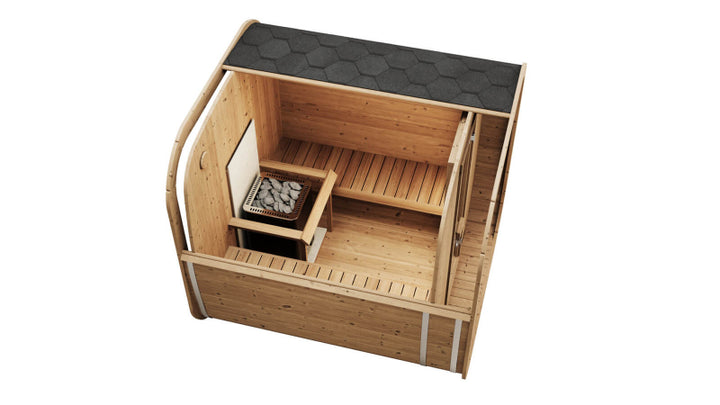 Top-down interior view of InMedias Sauna Icon 200S on a white background showing heater and wooden benches.