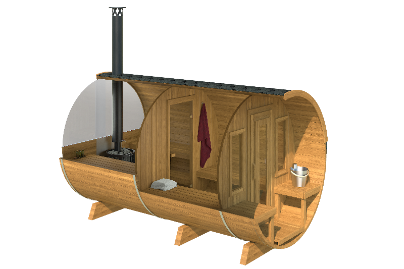 Cutaway view of InMedias Barrel Sauna 400 Deluxe showing interior layout with stove, benches, and changing area, on a transparent background