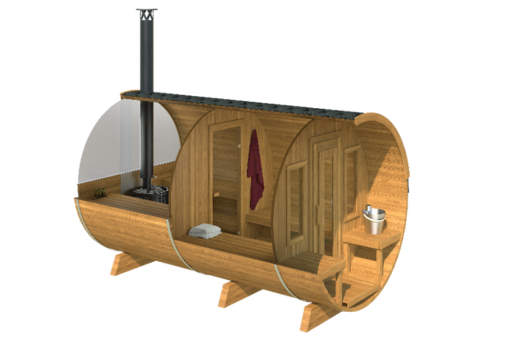 Cutaway view of InMedias Barrel Sauna 400 Deluxe showing interior layout with stove, benches, and changing area, on a transparent background