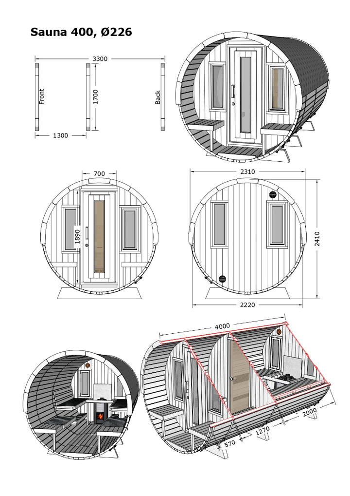 Technical diagram of InMedias Barrel Sauna 400 Deluxe with front, side, and cross-section measurements, including internal layout—on a white background.