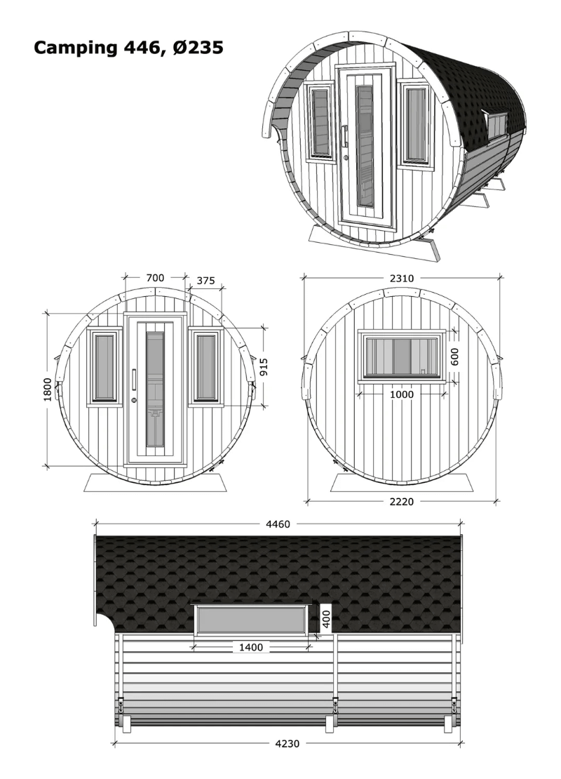 Detailed technical drawing of the InMedias Camping Barrel Royal 446 with front, side, and top views including exact measurements, shingle roof texture, and window placements, on a white background.