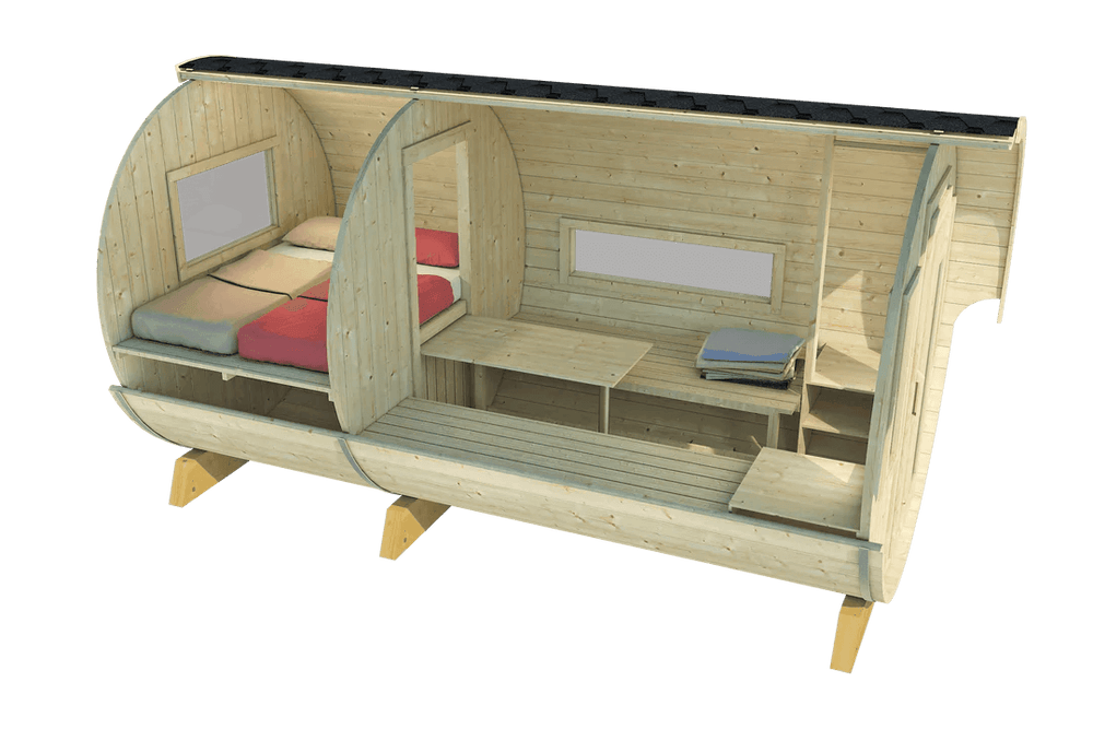 Cutaway view of the InMedias Camping Barrel Royal 446 interior, featuring two sleeping areas with colorful bedding and a center bench with a table, on a transparent background.