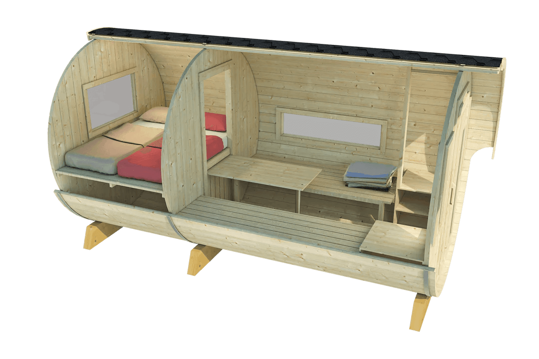Cutaway view of the InMedias Camping Barrel Royal 446 interior, featuring two sleeping areas with colorful bedding and a center bench with a table, on a transparent background.