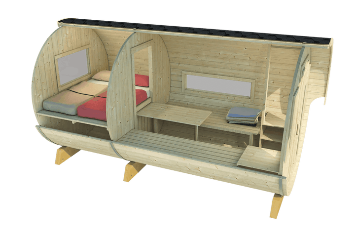 Cutaway view of the InMedias Camping Barrel Royal 446 interior, featuring two sleeping areas with colorful bedding and a center bench with a table, on a transparent background.