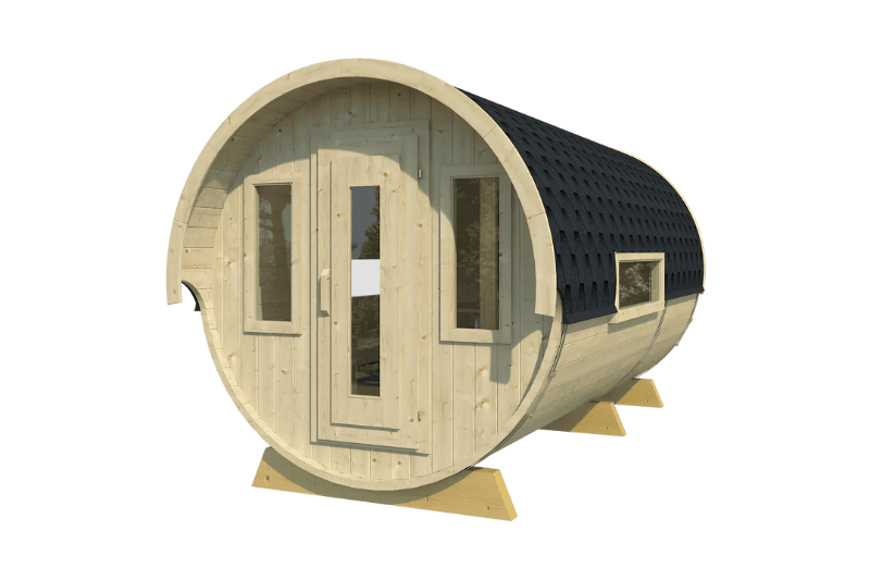 3D rendering of the InMedias Camping Barrel Royal 446, a light wood cylindrical cabin with a black shingle roof, three narrow vertical windows, and a centered front door, on a transparent background.