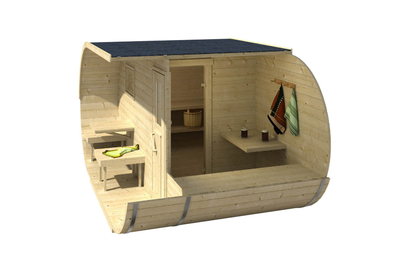 Cutaway of InMedias Oval Sauna interior showing benches and hanging towels , on a white background.