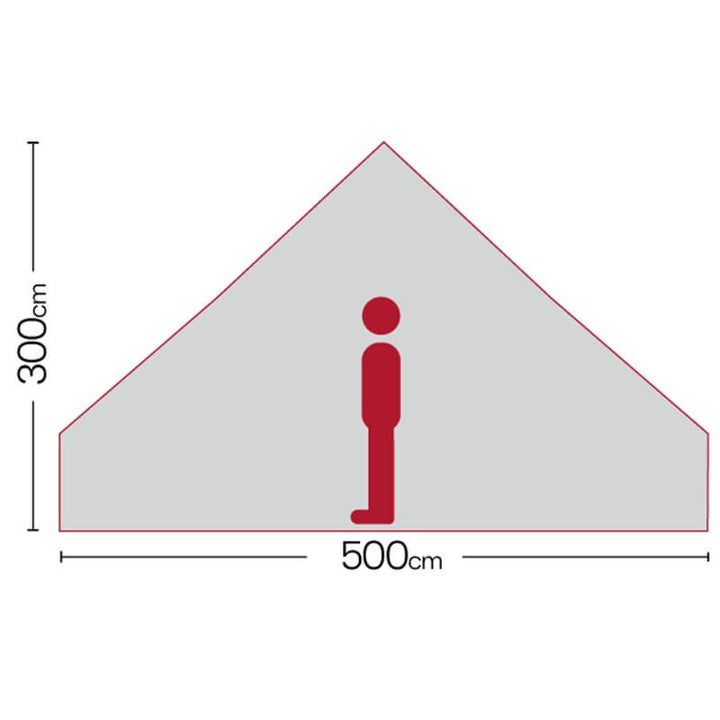 Measurement diagram of the Quest Leisure Signature Touareg bell tent showing 300cm height and 500cm width with red silhouette on a white background.