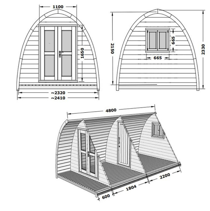 Technical dimension diagram of InMedias Camping Pod 480 showing height, width, and layout on a white background.