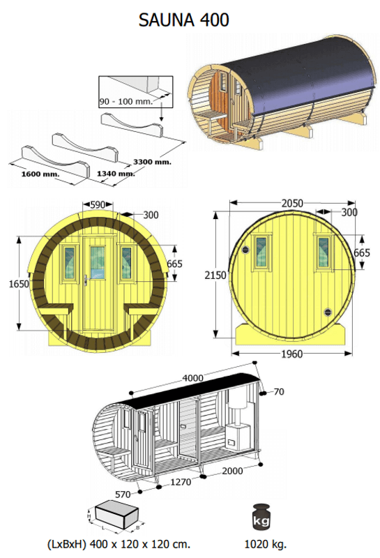 Technical diagram of InMedias Barrel Sauna 400 showing front, side, and cross-section dimensions, with labeled measurements and a black roof ,  on a white background.