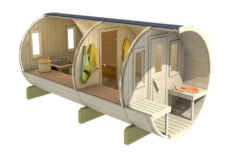 Cutaway render of InMedias Barrel Sauna 400 with three sections including changing room and benches, constructed in light wood , on a white background.