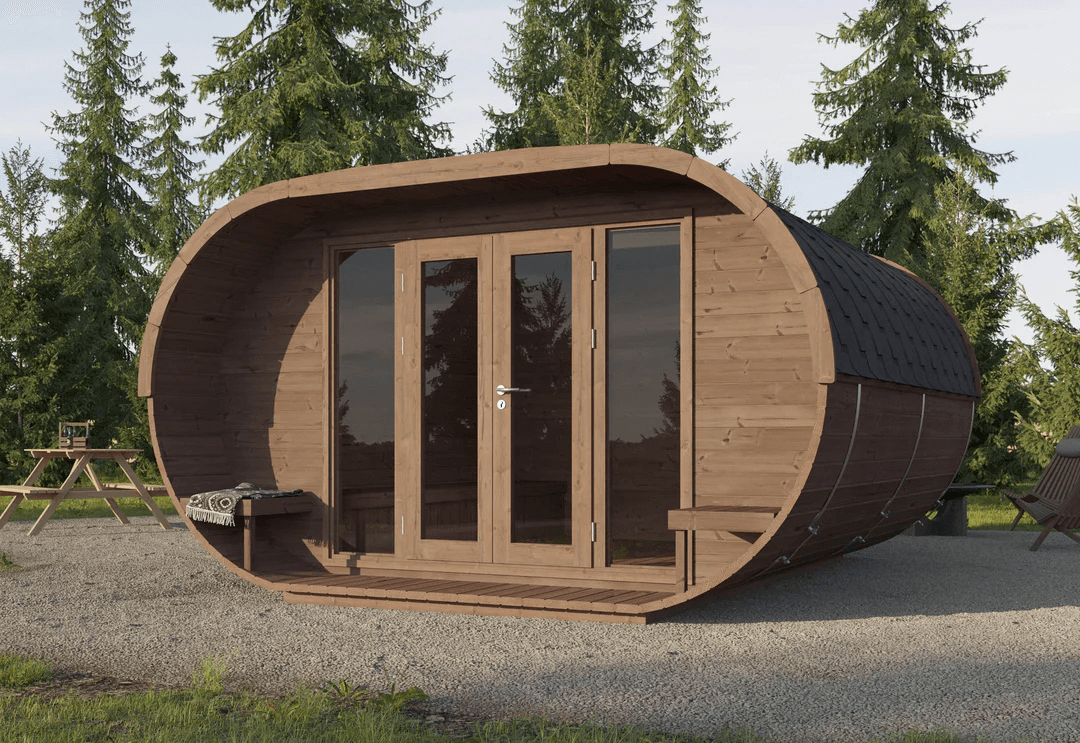 Outdoor view of InMedias Camping Oval 400 placed on gravel with trees in the background, natural environment setting.