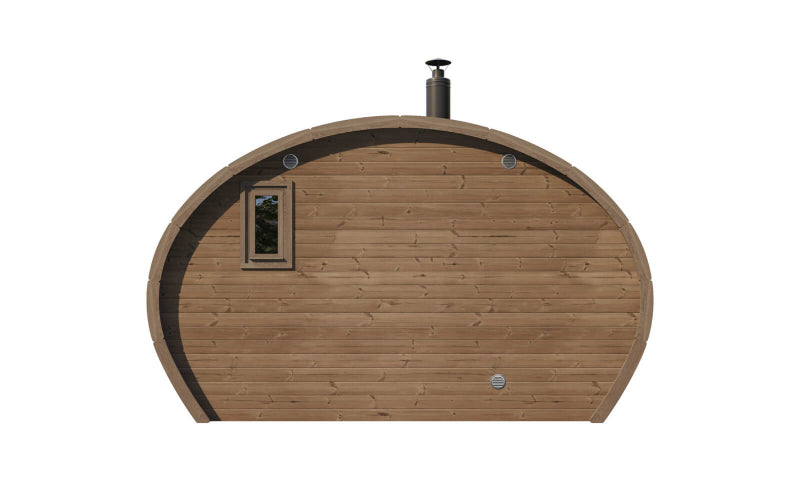 Back view of the InMedias Oval Sauna Frodo 240 showing the rear wall with a rectangular window and chimney ,  on a white background