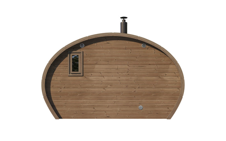 Back view of the InMedias Oval Sauna Frodo 240 showing the rear wall with a rectangular window and chimney ,  on a white background