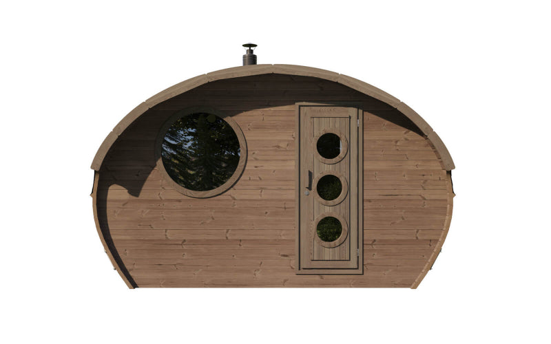Frontal view of the InMedias Oval Sauna Frodo 240 in dark wood finish with matching door and round window ,on a white background