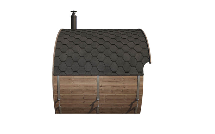 Side profile of the InMedias Oval Sauna Frodo 240 showing the dark shingled curved roof and wooden wall ,  on a white background
