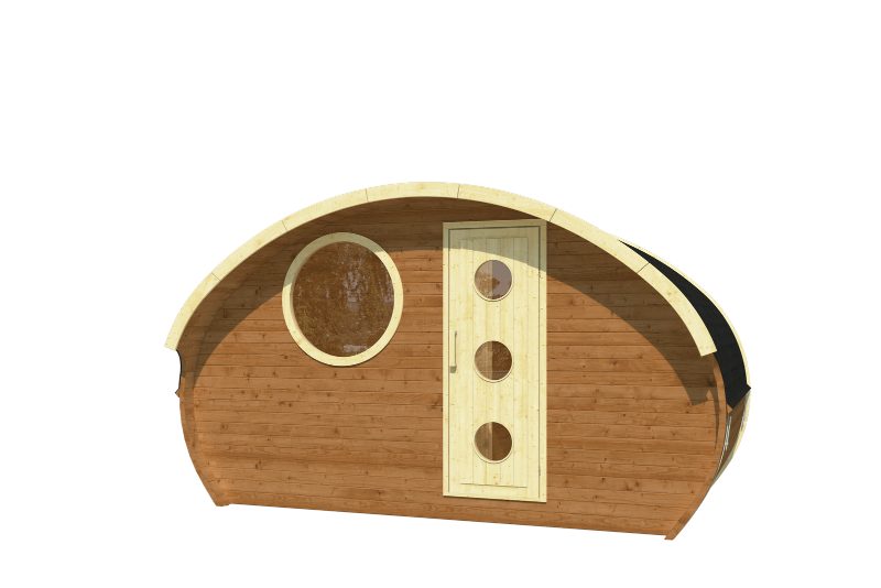 Frontal product render of the InMedias Oval Sauna Frodo 240 with light wood door and round window , on a transparent background