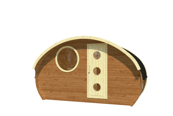 Frontal product render of the InMedias Oval Sauna Frodo 240 with light wood door and round window , on a transparent background