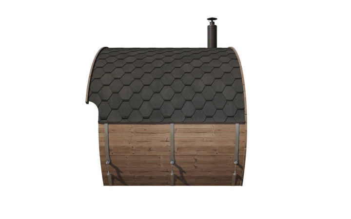 Opposite side view of the InMedias Oval Sauna Frodo 240 with curved shingle roof and metal bands,on a white background