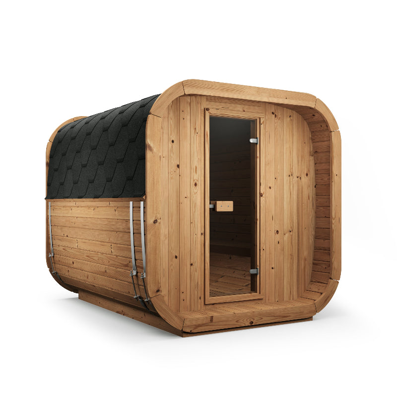 Angled front view of the InMedias Sauna Icon 250S in dark wood finish with black shingle roof,on a white background.