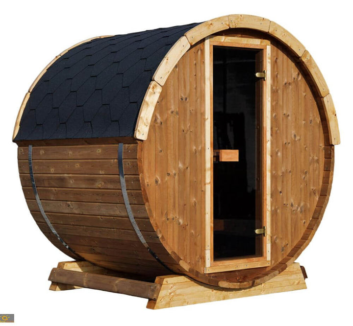 InMedias Terrace Sauna side-angle product shot on a white background showcasing its black shingle roof and natural wood door.