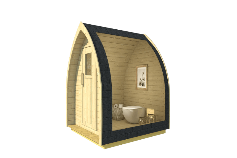 InMedias Toilet Barrel cross-section render showing interior with a modern toilet setup and accessories inside a pointed wooden cabin – on a transparent background.