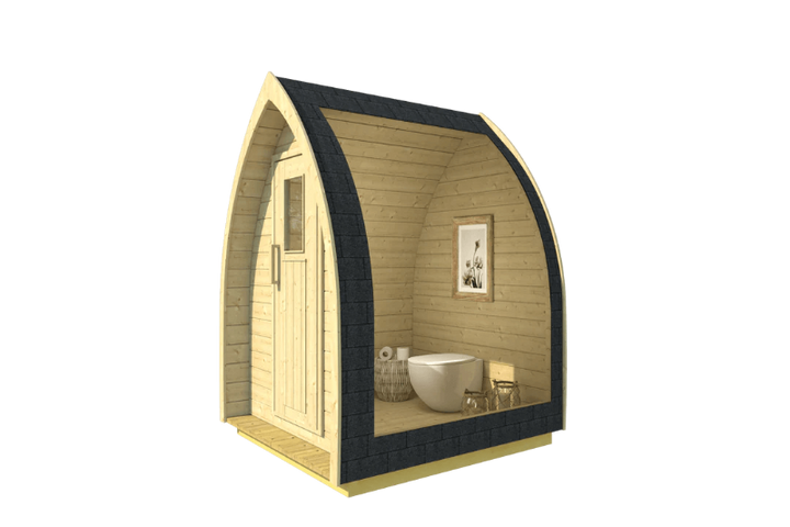 InMedias Toilet Barrel cross-section render showing interior with a modern toilet setup and accessories inside a pointed wooden cabin – on a transparent background.