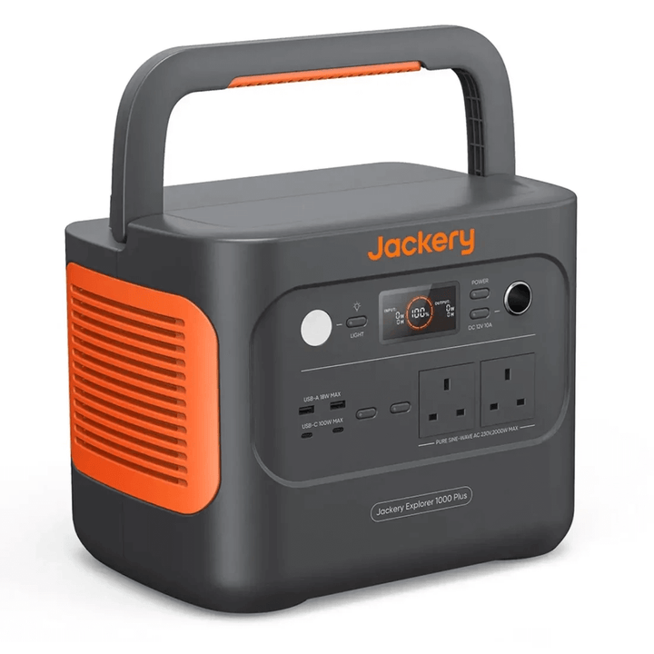Front angle view of Jackery Explorer 1000 Plus Portable Power Station on a white background.