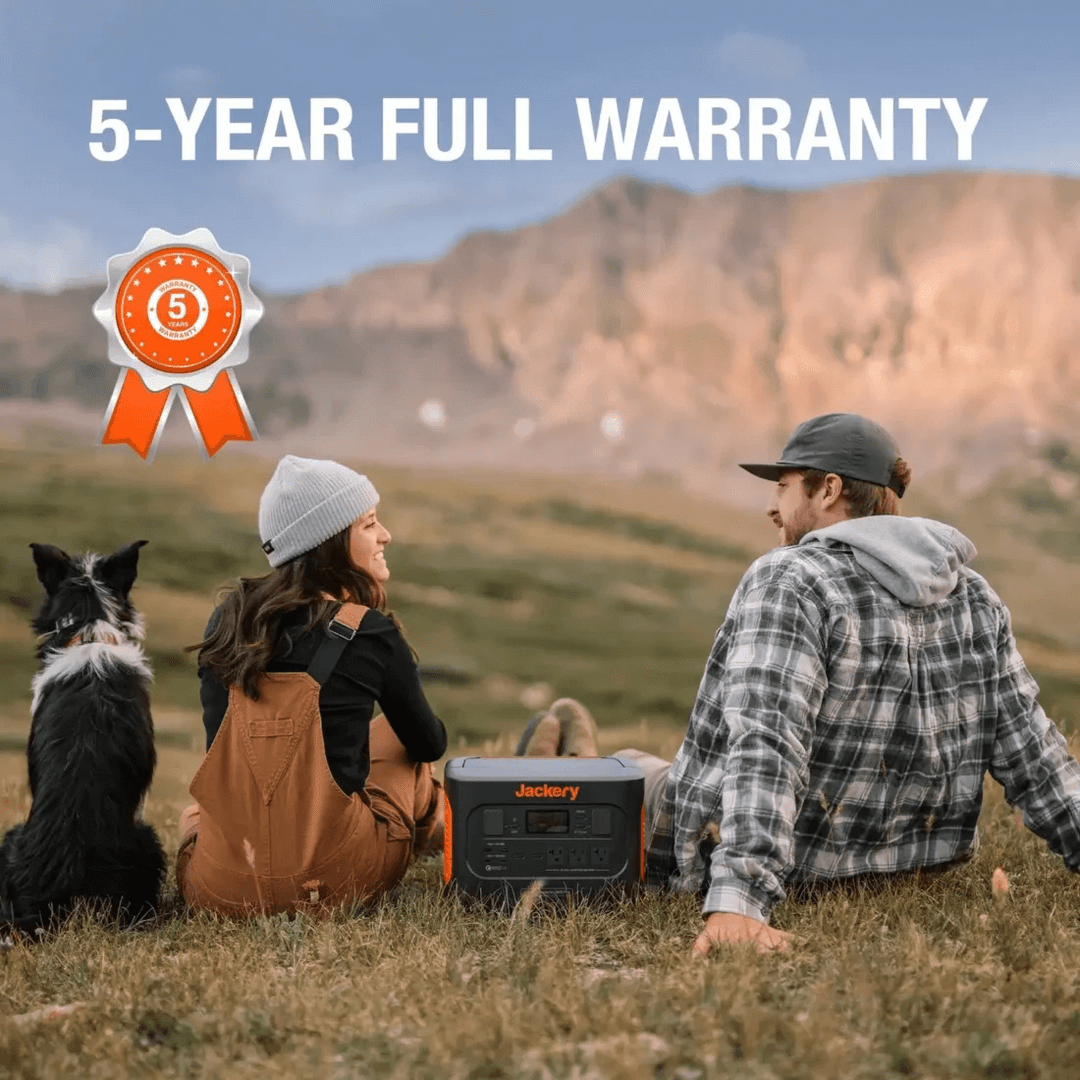 Couple relaxing on a grassy hillside with their dog and Jackery Explorer 1000 Pro, mountains in the background.