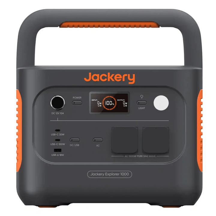 Jackery Explorer 1000 V2 portable power station with carry handle raised on a white background.
