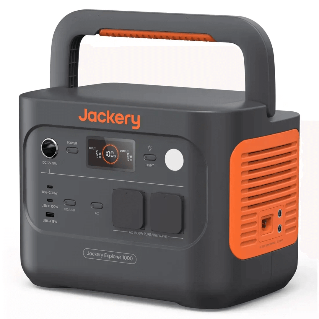 Jackery Explorer 1000 V2 with carry handle and orange side vent on a white background.