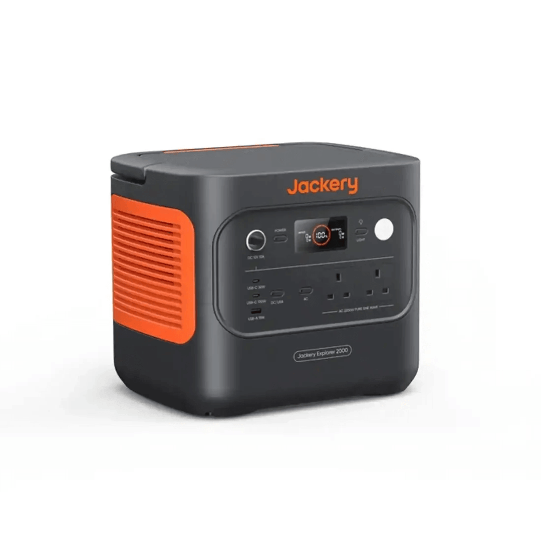 Jackery Explorer 2000 V2 portable power station angled front-right view showing full control panel and ports, on a white background.
