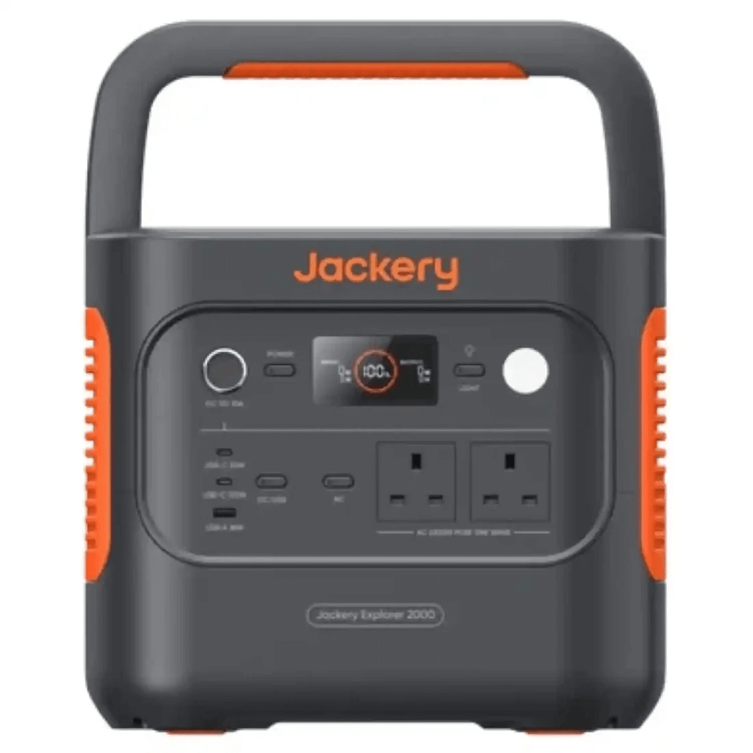 Jackery Explorer 2000 V2 portable power station front view showing outlets and display panel, on a white background.