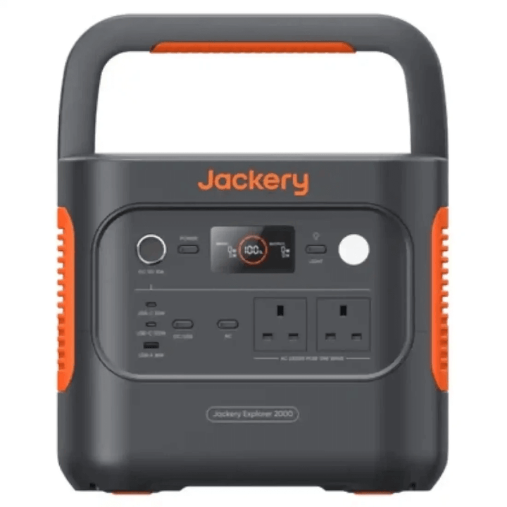 Jackery Explorer 2000 V2 portable power station front view showing outlets and display panel, on a white background.