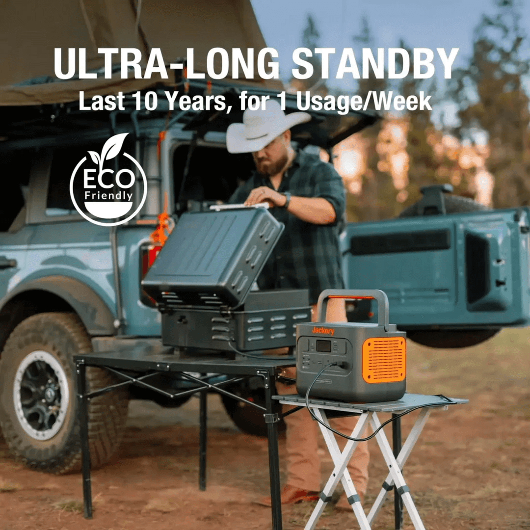 Jackery Explorer 1000 Pro powering campsite setup beside SUV, highlighting long standby life, forest background.