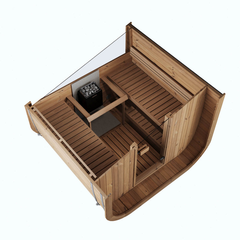 Top-down cutaway view of InMedias Sauna Icon 220XL layout with wooden benches and heater, on a white background.