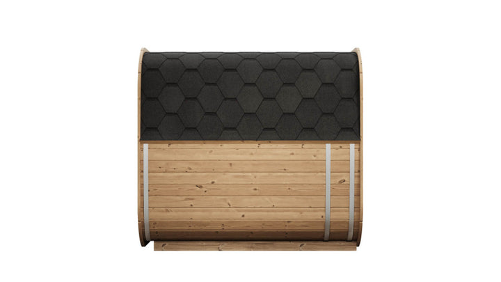 InMedias Sauna Icon 200S roof side view on a white background featuring black hexagonal shingles and metal bands.