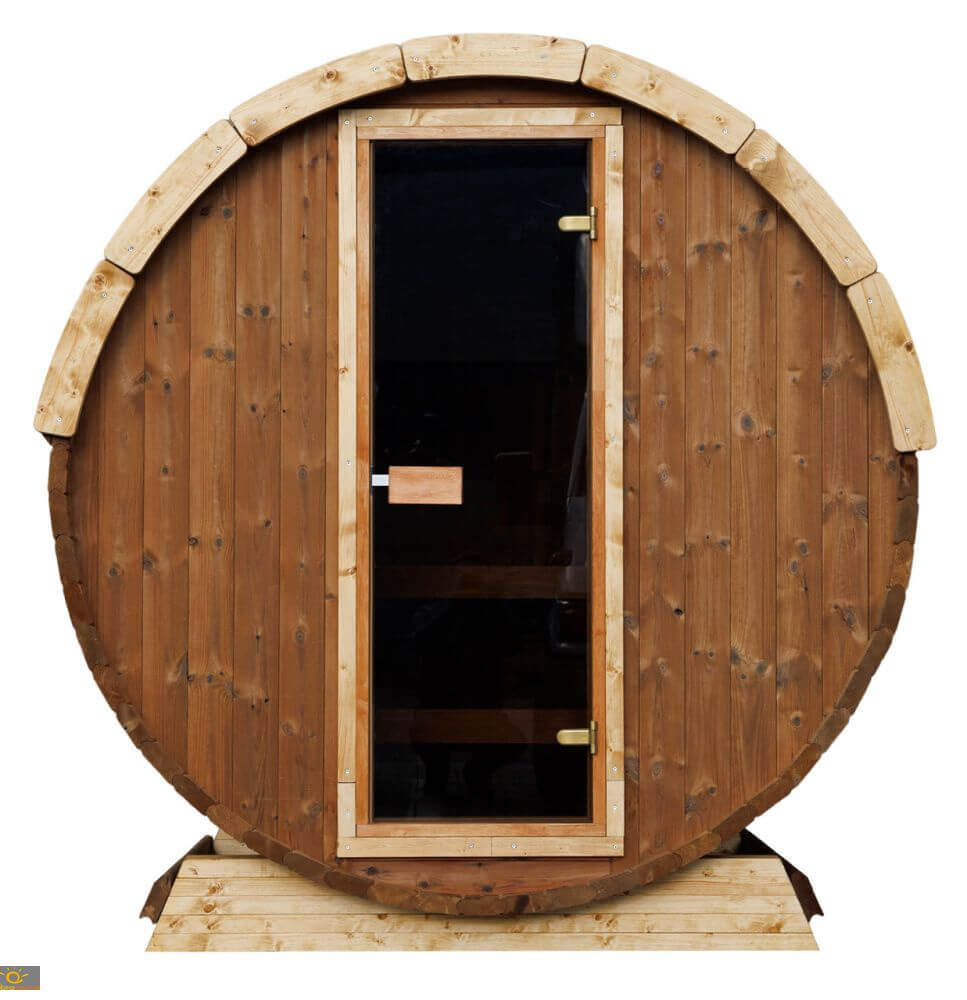 InMedias Terrace Sauna front view product photo on a white background with closed dark glass door centered in circular structure.