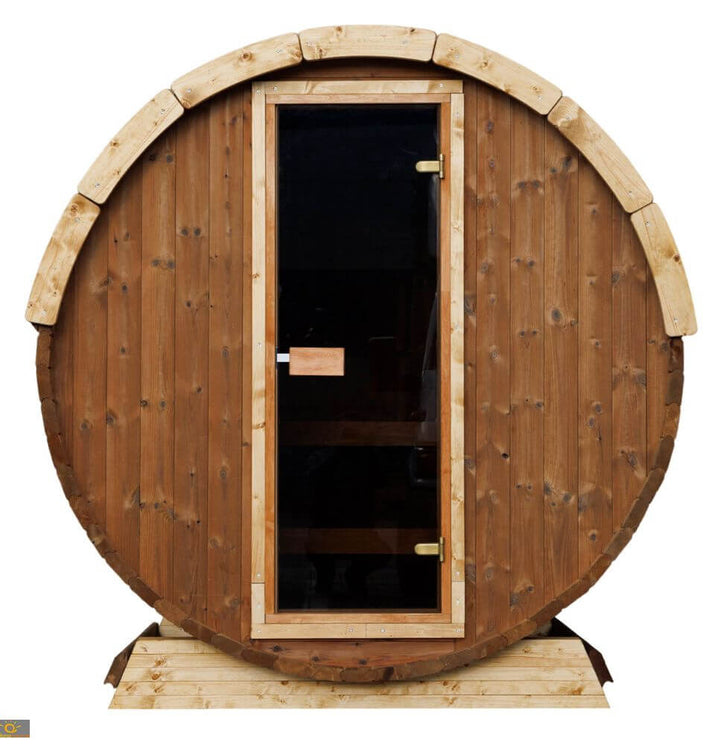 InMedias Terrace Sauna front view product photo on a white background with closed dark glass door centered in circular structure.
