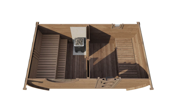 Top-down render of the InMedias Oval Sauna Frodo 240 interior layout showing benches and heater placement, on a white background