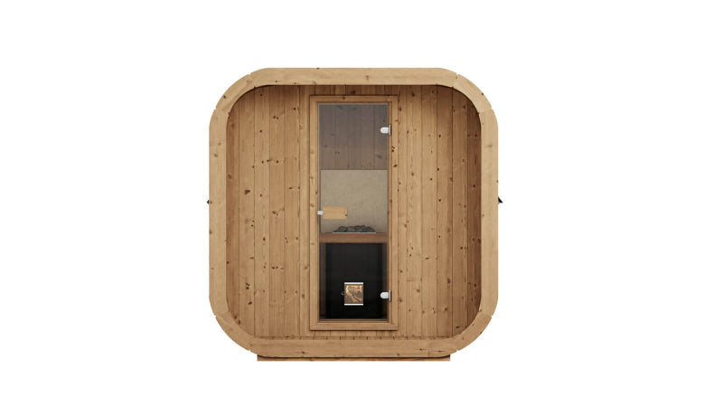 InMedias Sauna Icon 200S front view on a white background showing glass door with stove visible inside.