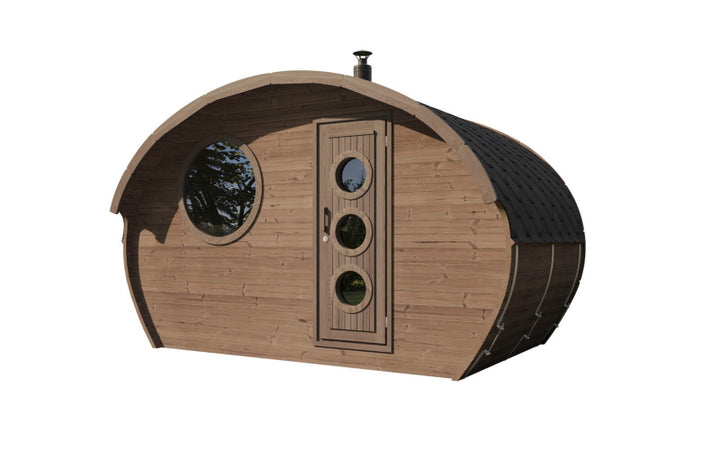 Angled front-side view of the InMedias Oval Sauna Frodo 240 in darker wood showing the circular window and shingled roof, on a white background.