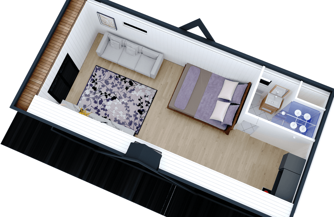 3D top-down view of glamping unit layout showing a bed, sofa, kitchen, bathroom, and floral rug on wooden flooring, on a white background.