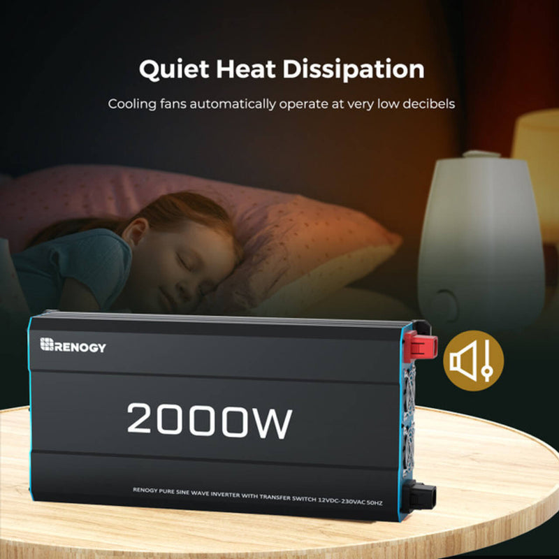 Renogy 2000W inverter placed on a wooden surface in a softly lit bedroom. A child sleeps in the background. The inverter's quiet cooling fan feature is emphasized with a low-noise icon.