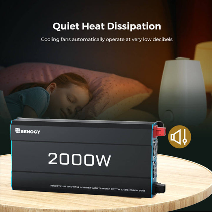 Renogy 2000W inverter placed on a wooden surface in a softly lit bedroom. A child sleeps in the background. The inverter's quiet cooling fan feature is emphasized with a low-noise icon.