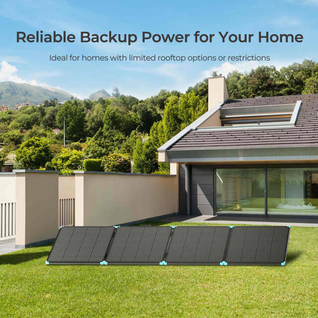 A modern home with a large garden displays the Renogy 400W foldable portable solar panel system set up on the lawn. Text emphasizes suitability for backup power where rooftop installation is limited.