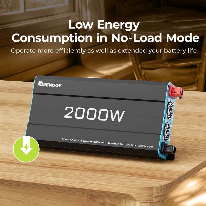 The Renogy 2000W pure sine wave inverter displayed on a wooden table. Text highlights its efficient low-energy operation in no-load mode to extend battery life, with a green energy icon.