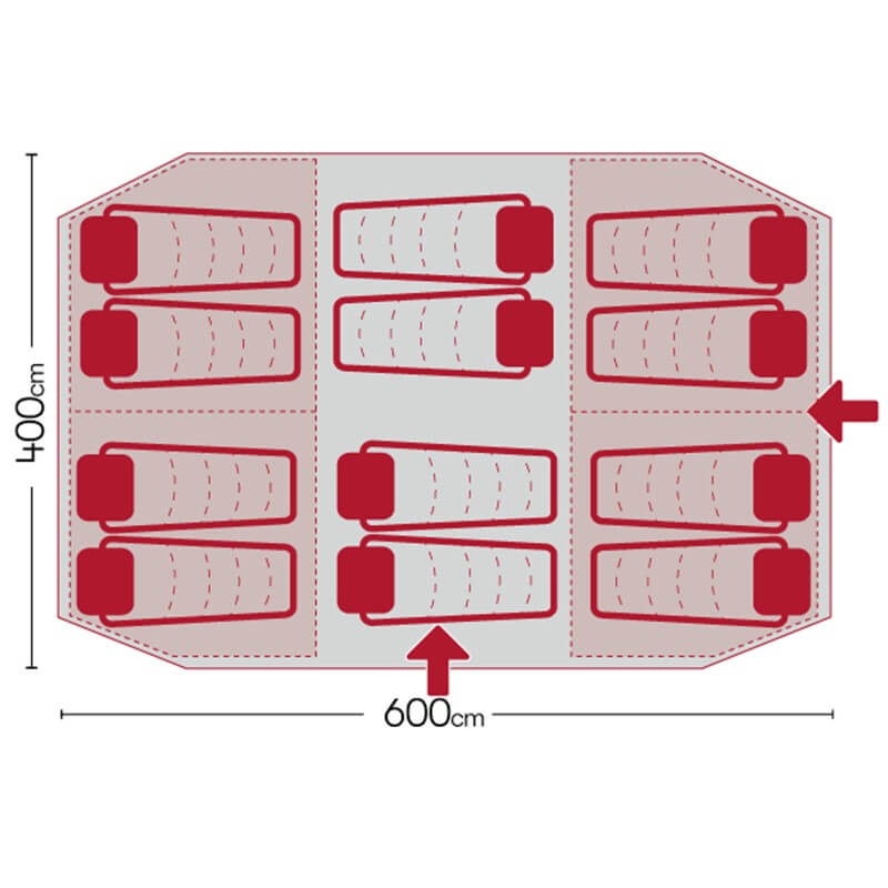 Tent floor plan showing 600cm by 400cm layout with space for twelve sleeping bags on a white background.