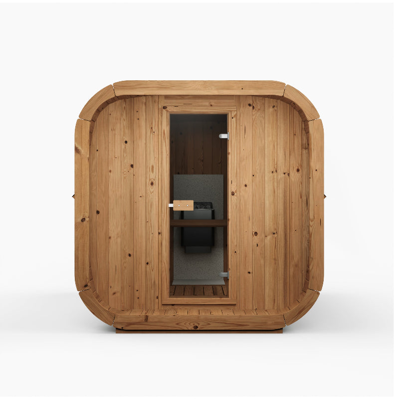 Front view of the InMedias Sauna Icon 250S in darker wood variant with glass door and interior stove visible,on a white background.